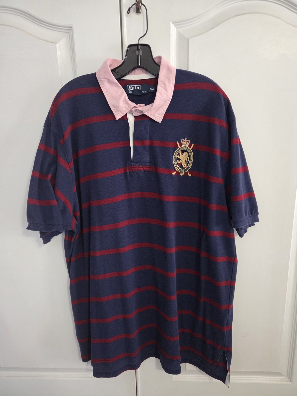 Polo by Ralph Lauren Navy and Red Striped Rugby with Pink Collar